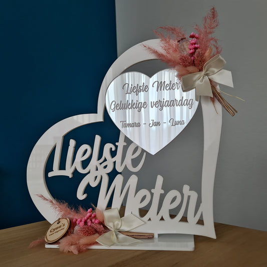 Liefste Meter' hart staander in plexiglas met gravure – uniek moederdagcadeau met droogbloemen