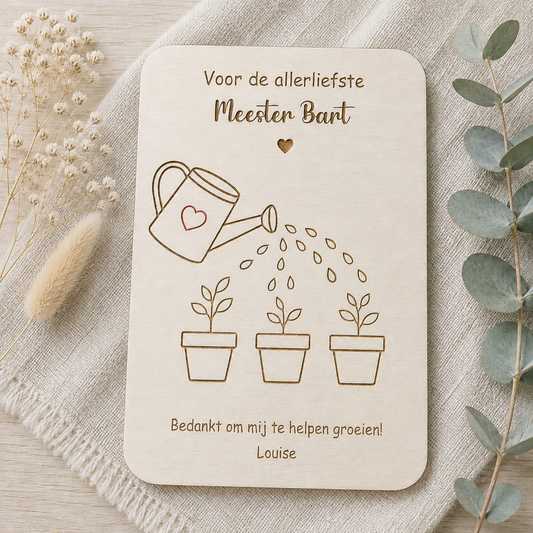 Houten bedankkaart meester met vingerafdrukken als bloemen op plantjes – gepersonaliseerd cadeau einde schooljaar