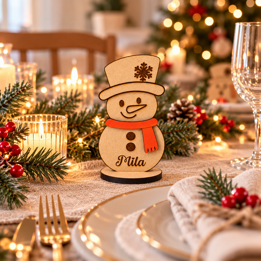 Houten sneeuwman met gegraveerde naam aan de gedekte kersttafel