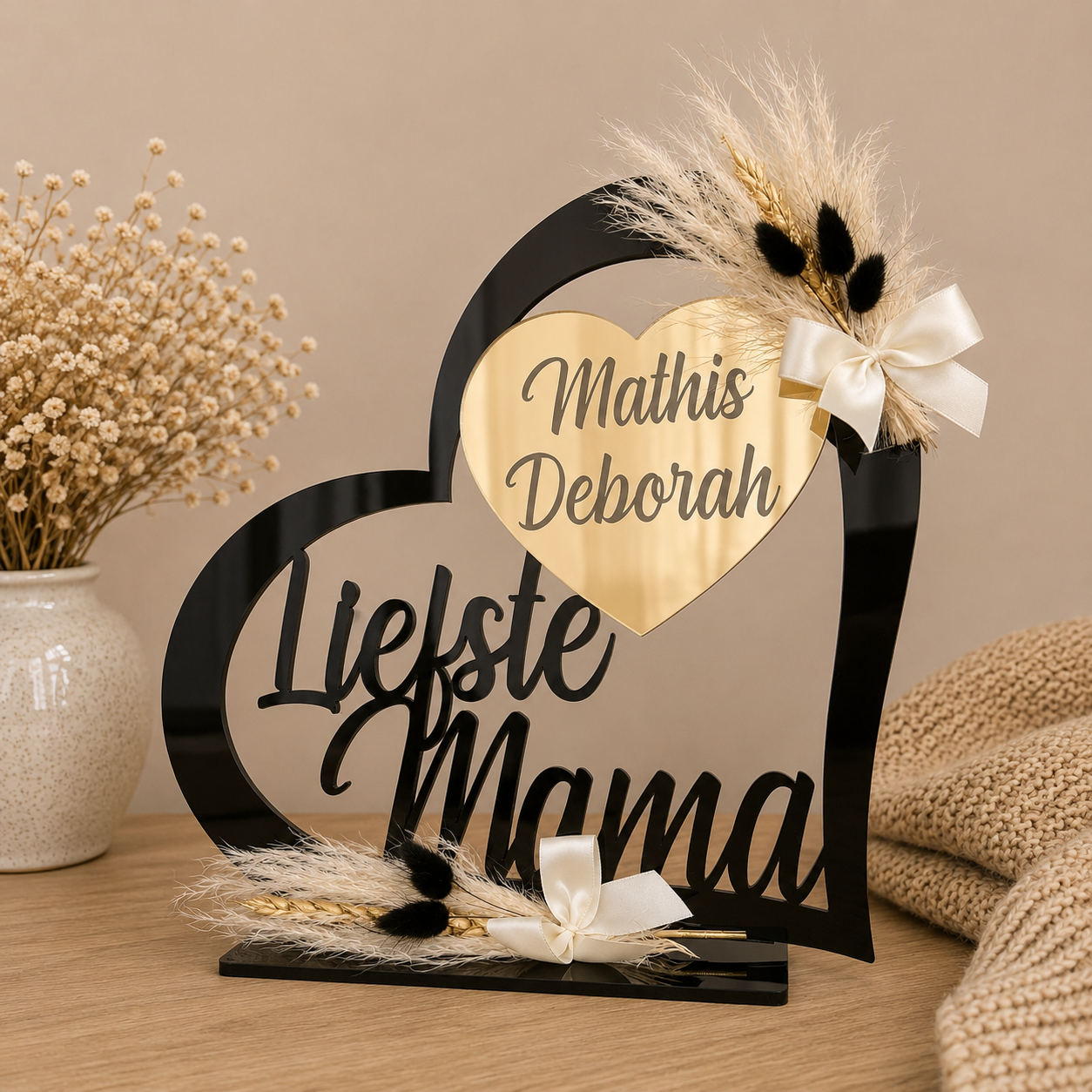 Gepersonaliseerd Moederdagcadeau hartstaander met Liefste Mama in zwart spiegelacrylaat met droogbloemen