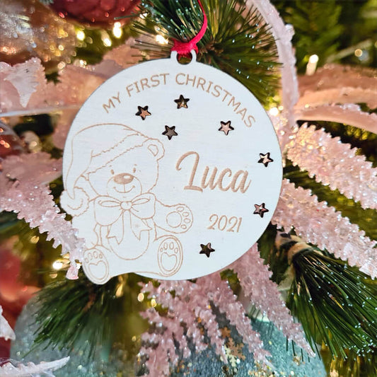 Kerstornament teddybeer voor eerste kerst – spiegelplexiglas met naam