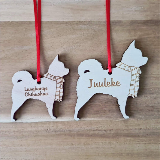 Chihuahua Langharig kersthanger – gepersonaliseerd kerstboomornament met naam