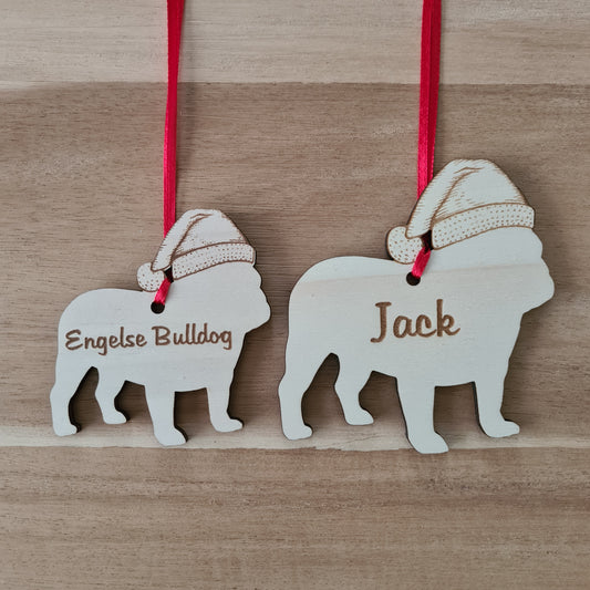 Engelse Bulldog kersthanger – gepersonaliseerd kerstboomornament met naam
