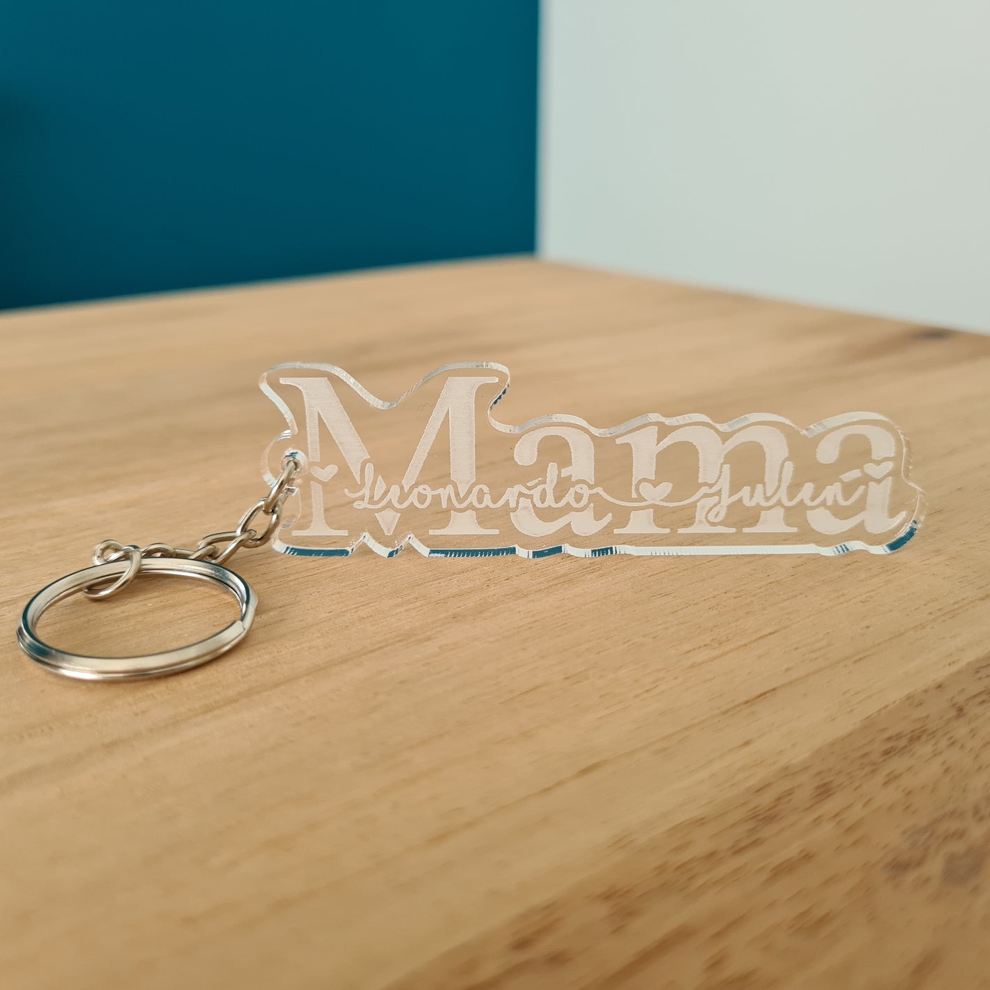Sleutelhanger met hartje en namen gegraveerd – cadeau voor mama
