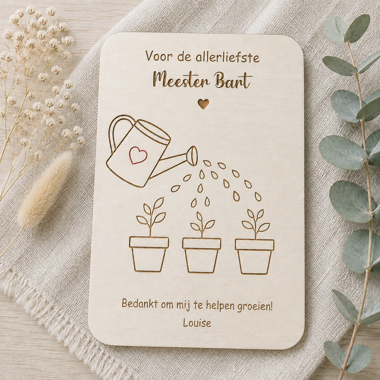 Houten bedankkaart meester met vingerafdrukken als bloemen op plantjes – gepersonaliseerd cadeau einde schooljaar