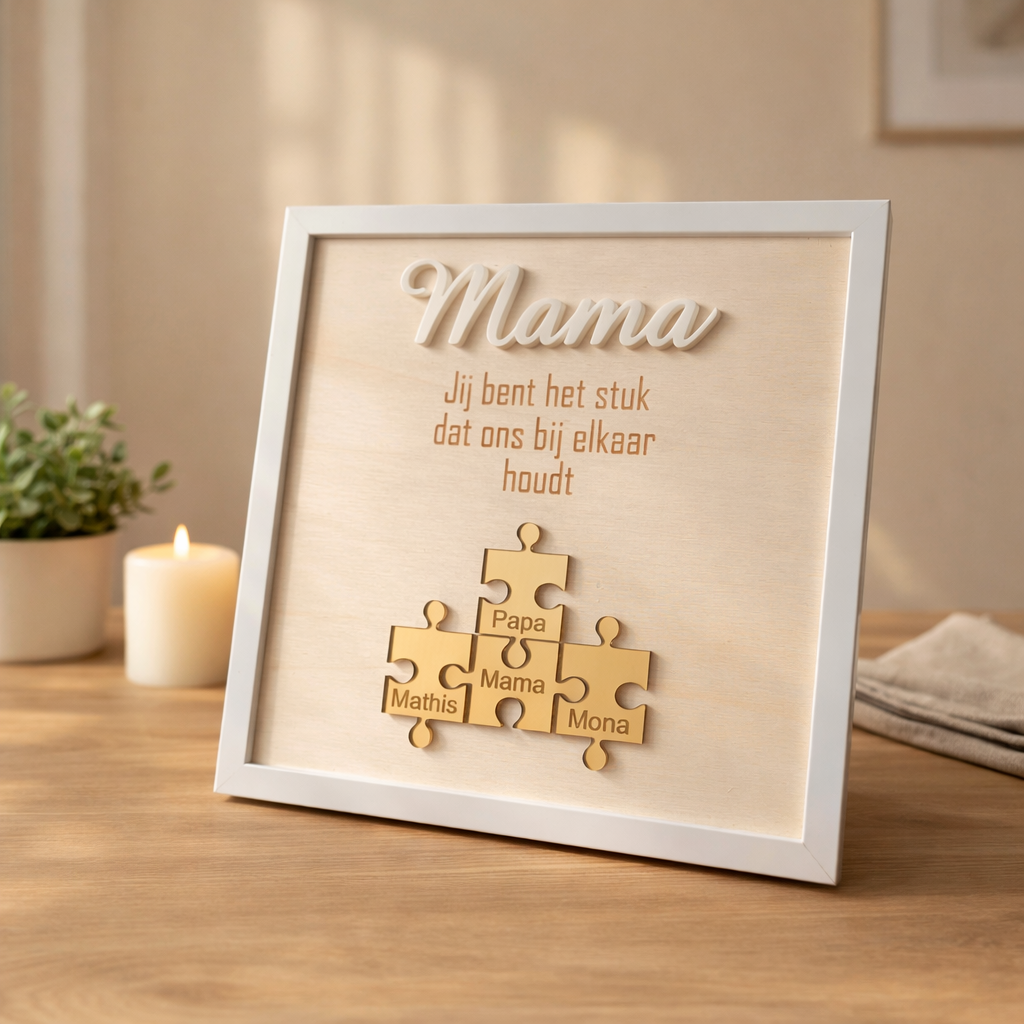 Houten puzzelstaander met naam “Mama” en gegraveerde stukjes, warm en persoonlijk moederdag cadeau