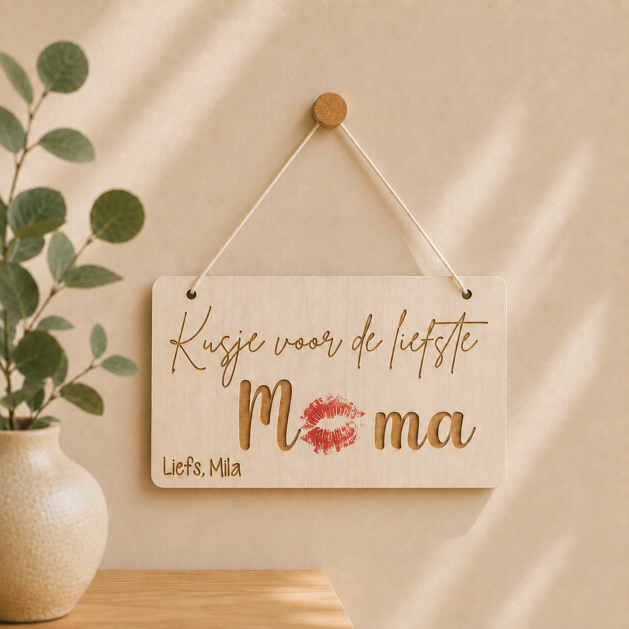 Houten moederdagbordje met lippenstiftkusje en gegraveerde naam – Cynn