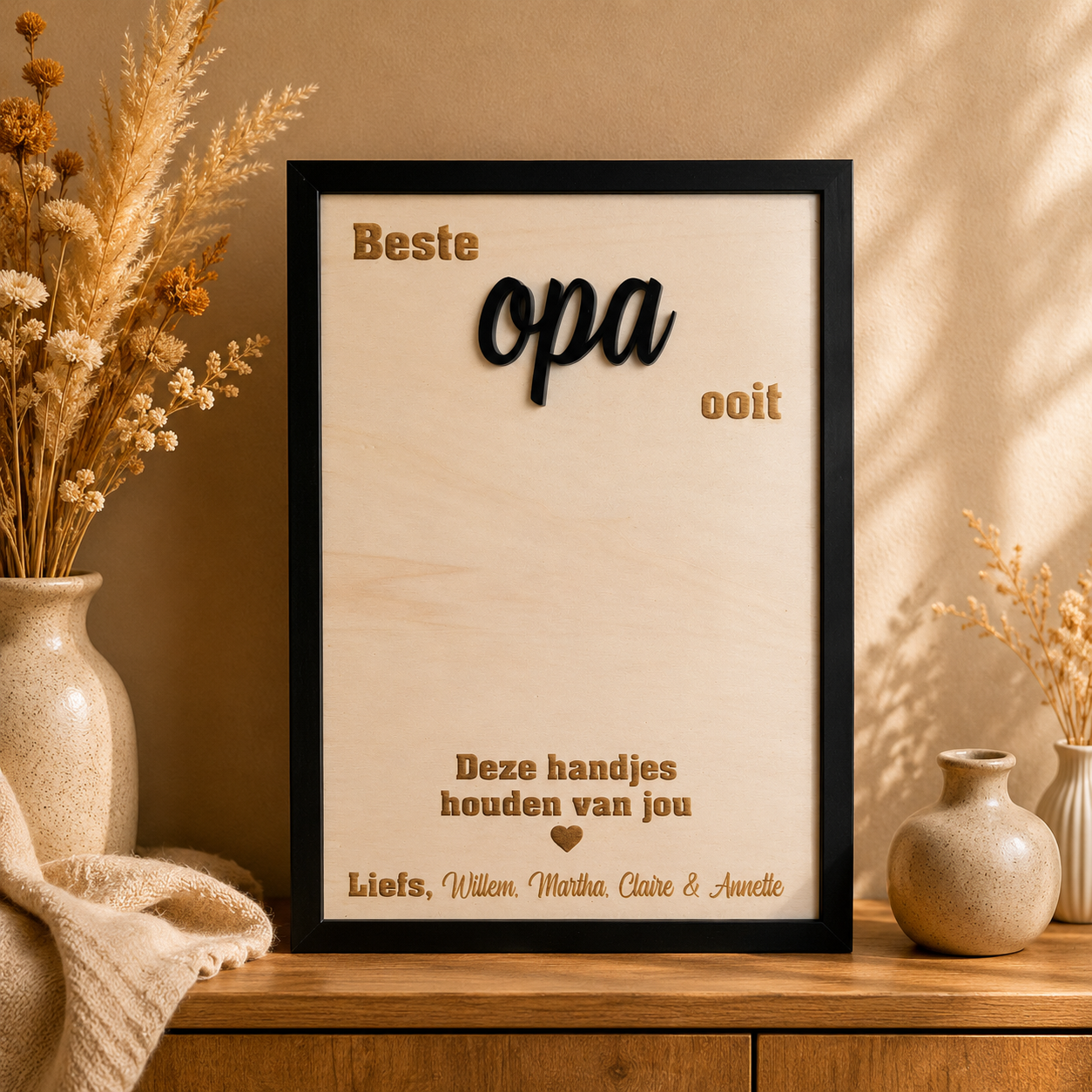 Gepersonaliseerd Vaderdag cadeau handjesbord voor Opa met een moderne zwarte lijst