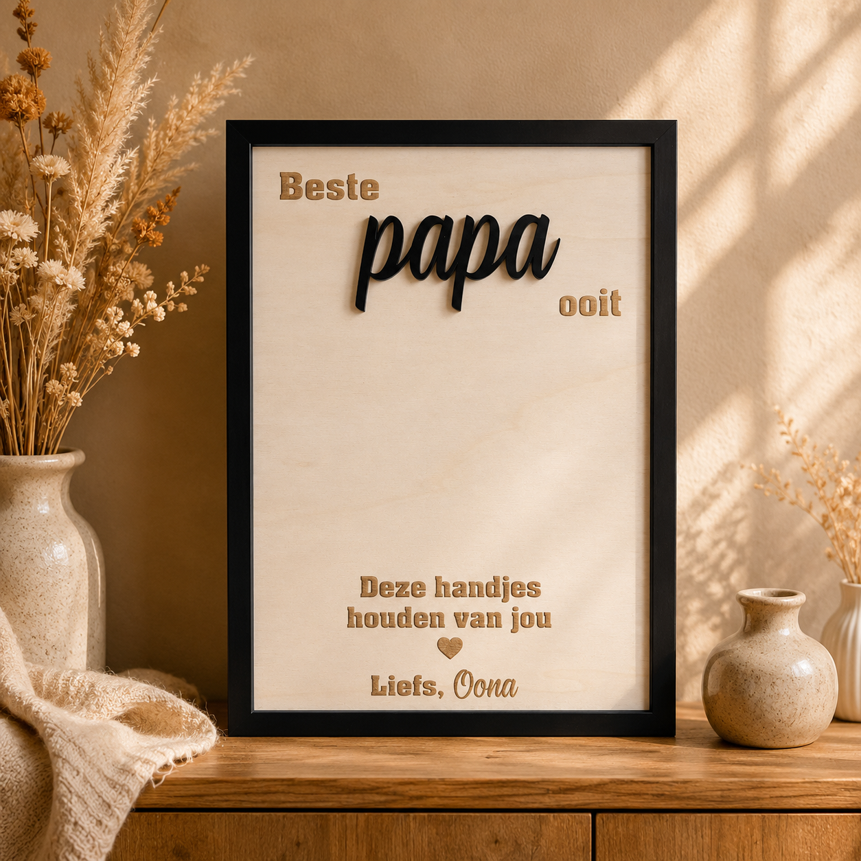 Gepersonaliseerd Vaderdag cadeau handjesbord voor Papa met een moderne zwarte lijst