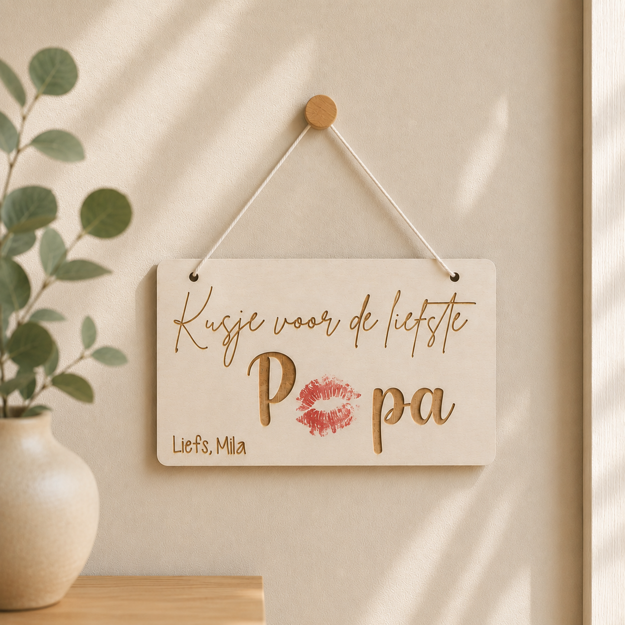 Gepersonaliseerd houten Vaderdagcadeau met de tekst Kusje voor de liefste papa en lippenstift kusafdrukken van kind