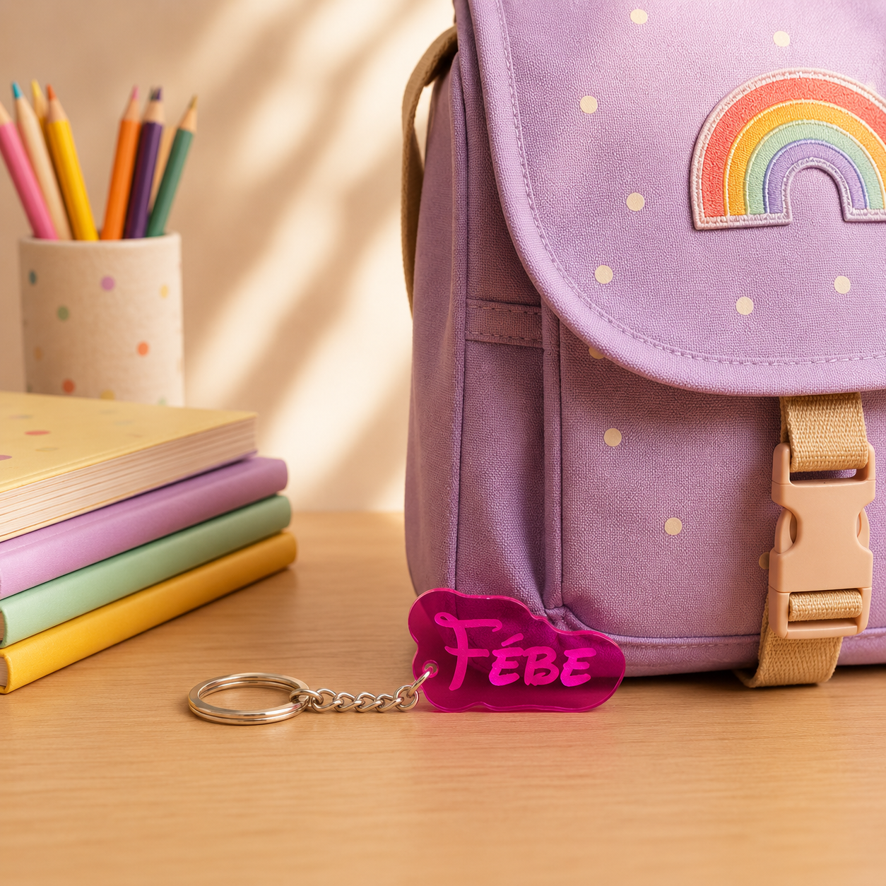 Gepersonaliseerde naamsleutelhanger in gekleurd acrylaat met gegraveerde naam in Walt lettertype