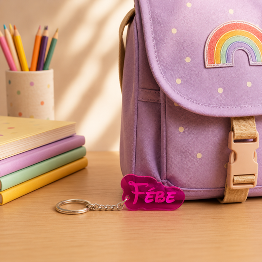 Gepersonaliseerde naamsleutelhanger in gekleurd acrylaat met gegraveerde naam in Walt lettertype