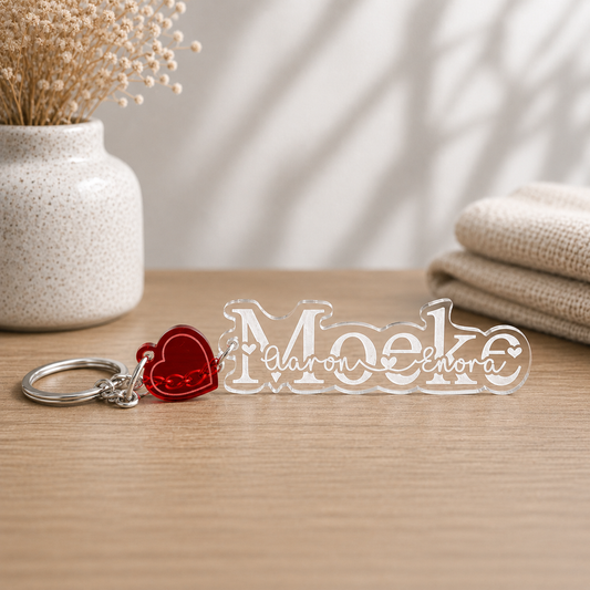 Gepersonaliseerde Moeke sleutelhanger met namen van de kleinkinderen