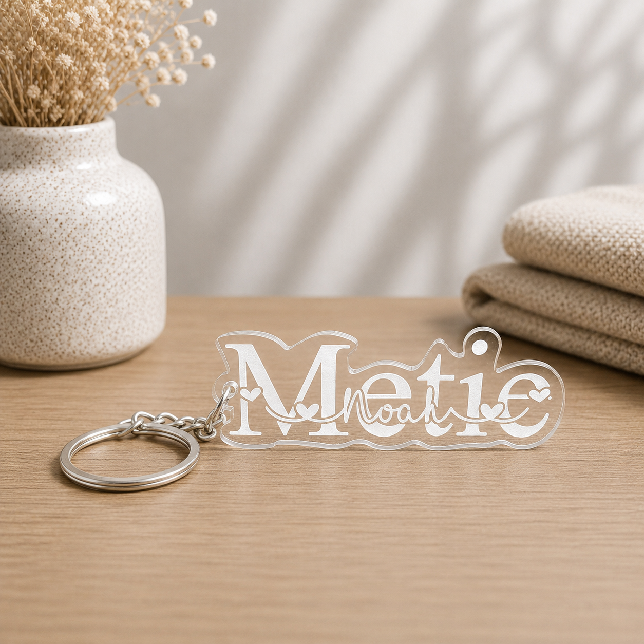 Cadeau voor meter gepersonaliseerde plexiglas sleutelhanger met namen