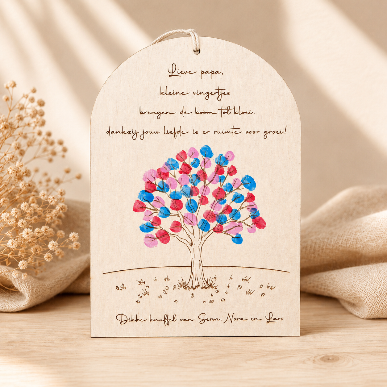Vingerafdrukboom Papa hangbord met roze en blauwe vingerafdrukken – gepersonaliseerd vaderdag cadeau