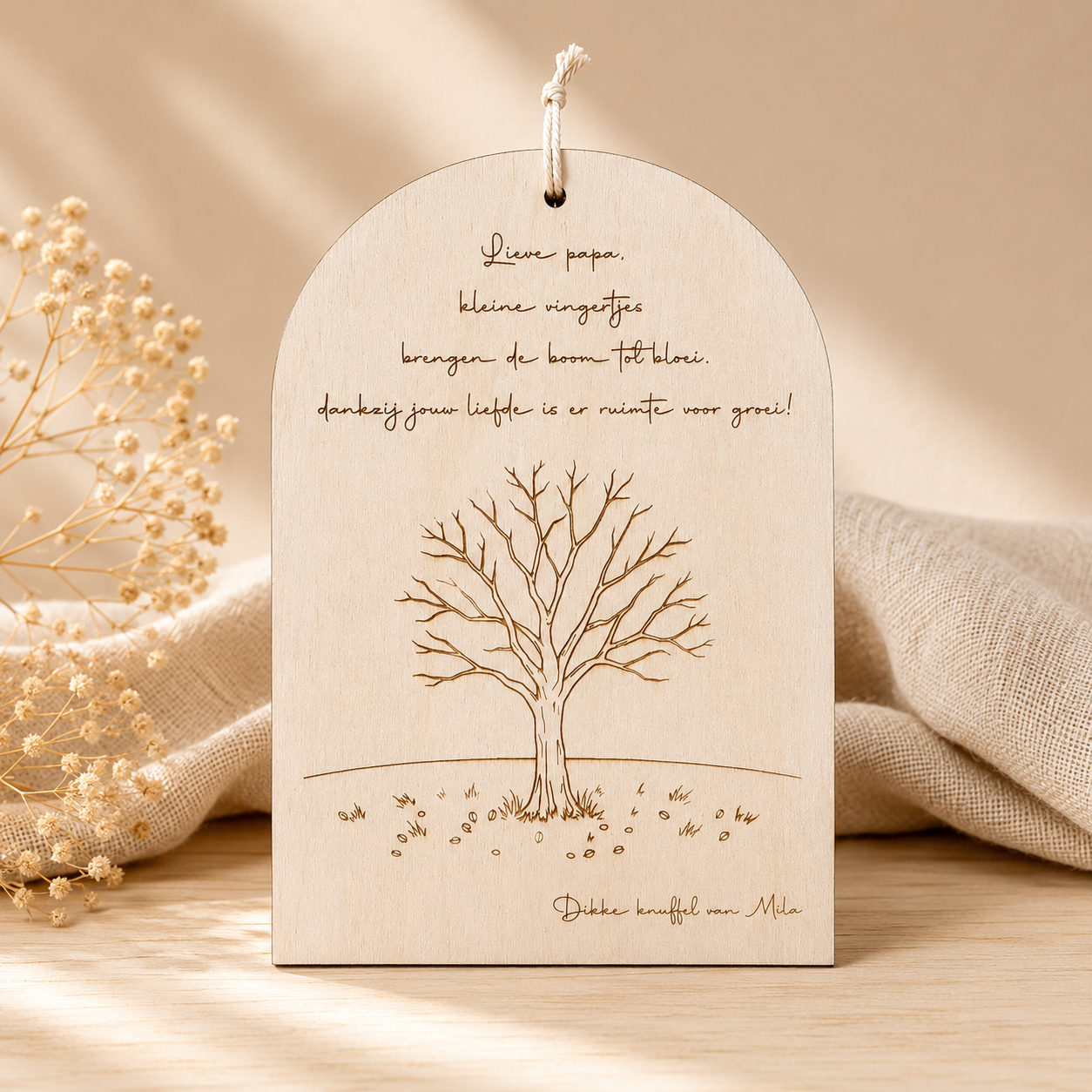 Vingerafdrukboom Papa hangbord naturel – gepersonaliseerd houten cadeau met gedicht
