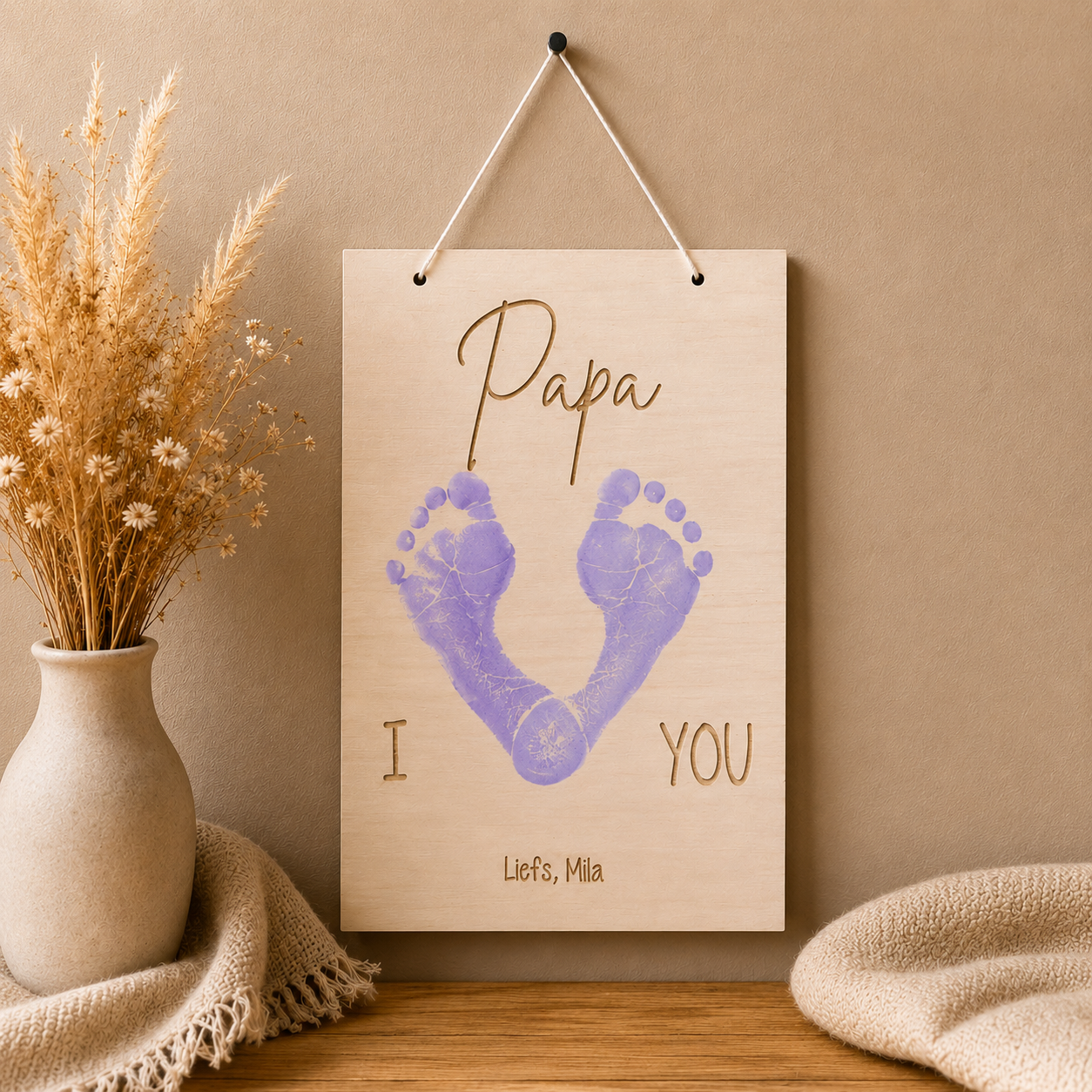 Voetafdrukbord Papa – houten hangbord met "I Love You" en voetafdrukken als hartje