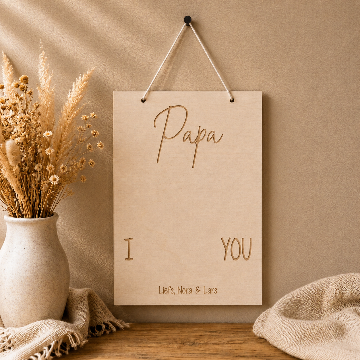 Houten hangbord papa I Love You – gepersonaliseerd vaderdagcadeau met plaats voor voetafdrukken