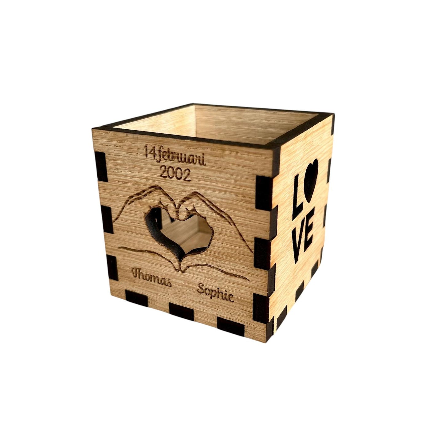 Houten Theelichthouder met Gravure – Perfect voor Valentijn