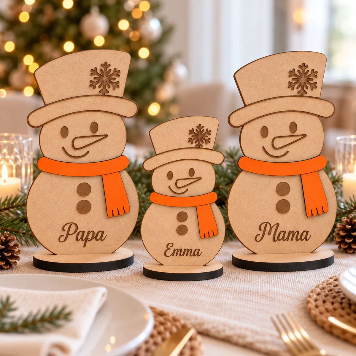 Frosty met de namen Papa, Emma en Mama op een kersttafel