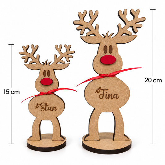 Gepersonaliseerde houten Rudolf rendier plaatshouders met namen Stan en Tina in 15 cm en 20 cm