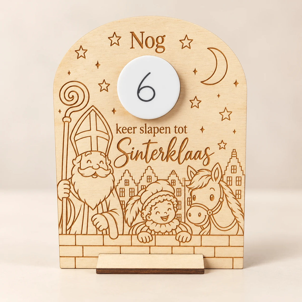 Houten Sinterklaas aftelkalender met Sint, Piet, paard en telcirkel met zes nachtjes