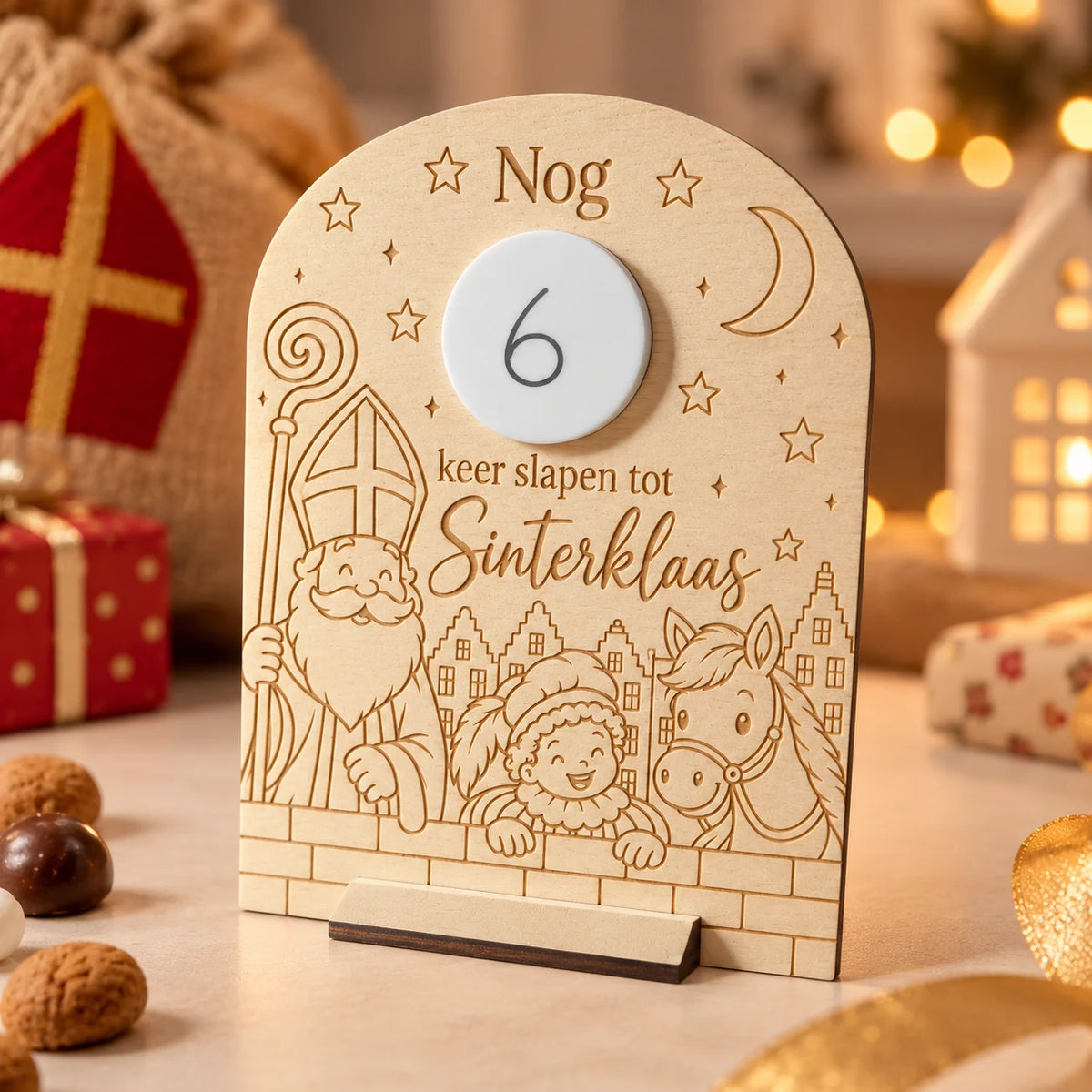 Sinterklaas aftelkalender van hout in warme sinterklaassfeer met pepernoten en cadeautjes