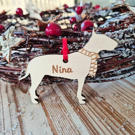 Bull Terriër kersthanger – gepersonaliseerd kerstboomornament met naam