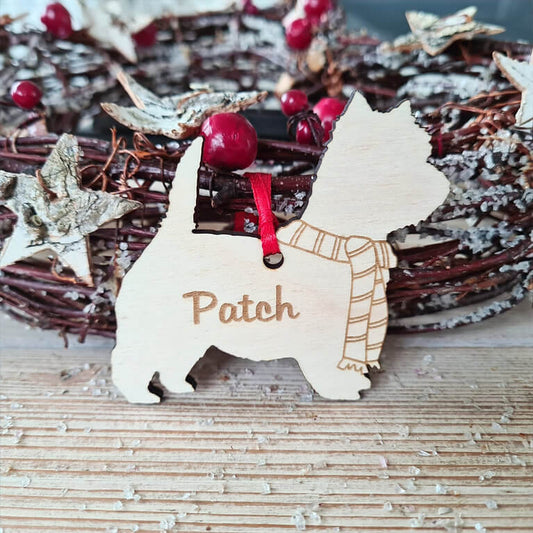 Westie kersthanger – gepersonaliseerd kerstboomornament met naam