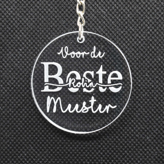 Juf of meester sleutelhanger met gravure – leuk cadeau met naam in plexiglas