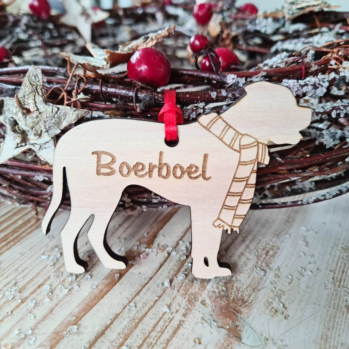 Gepersonaliseerde houten Boerboel kersthanger met naam