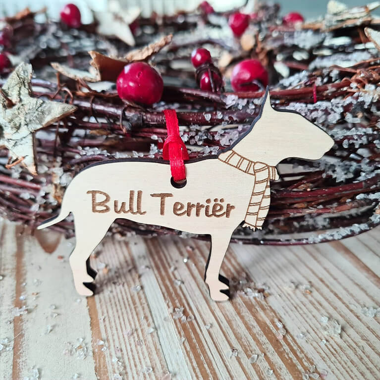 Gepersonaliseerde houten Bull Terriër kersthanger met naam