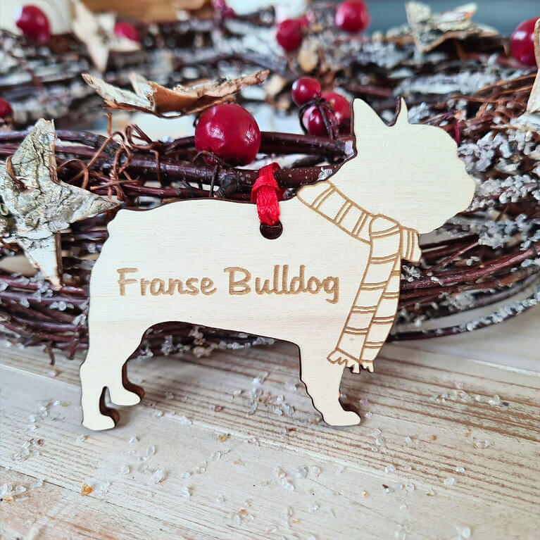 Gepersonaliseerde houten Franse Bulldog kersthanger met naam