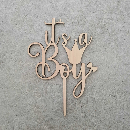 Houten 'It's a Boy' taarttopper voor babyshower of gender reveal – 13,5x18cm