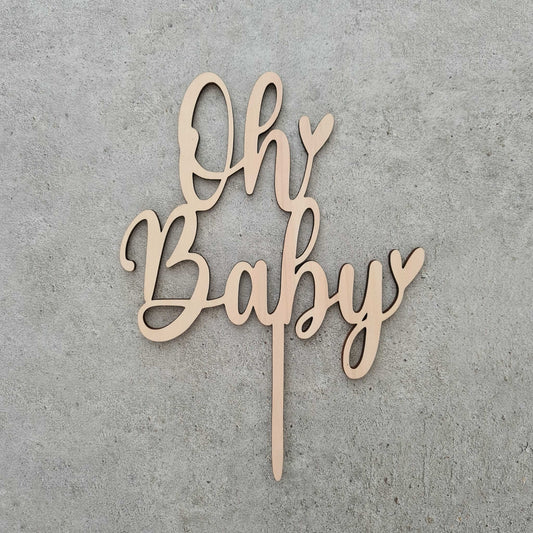 Houten 'Oh Baby' taarttopper voor babyshower of gender reveal – 13,5x17cm