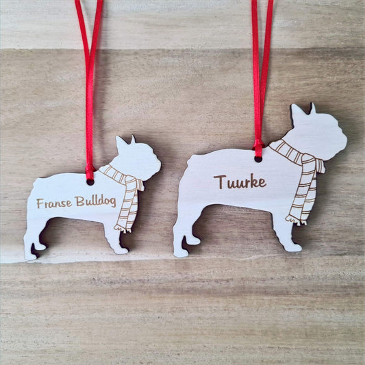 Franse Bulldog kersthanger – gepersonaliseerd kerstboomornament met naam