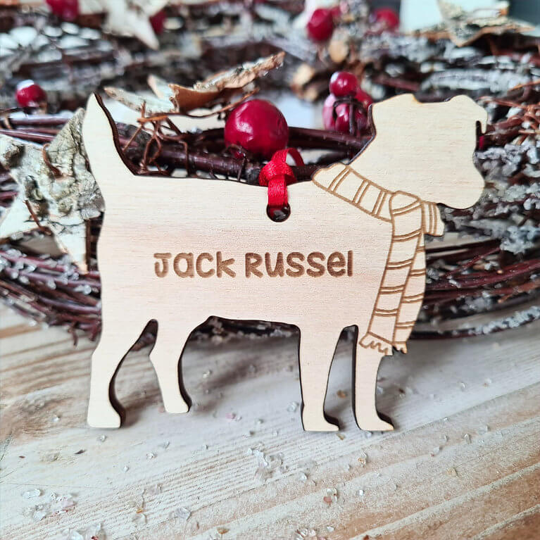 Gepersonaliseerde houten Jack Russell kersthanger met naam