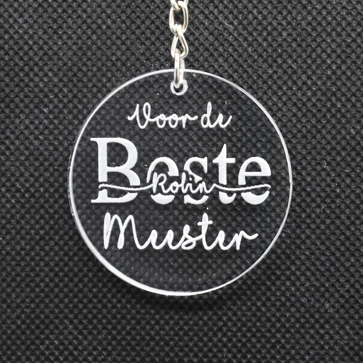 Juf of meester sleutelhanger met gravure – leuk cadeau met naam in plexiglas